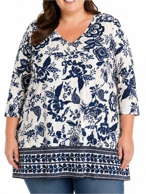 NEW OFEEFAN Women's Blue Floral V-Neck Tunic Top tunic top SZ XL Paisley print